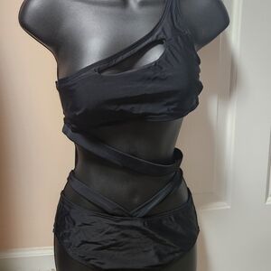 Black One-Shoulder Cutout Wrap Bikini - Unbranded